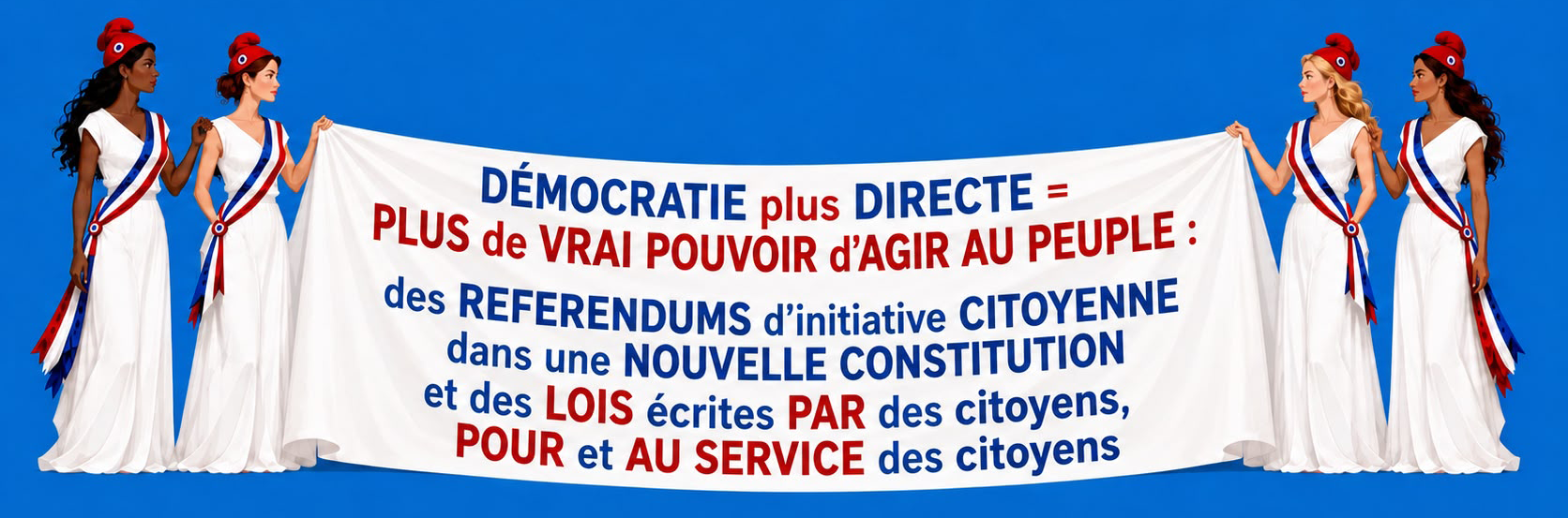 Quatre Marianne tenant une bannière